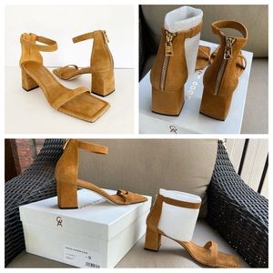 New in Box Good American Square Toe Suede Ankle Strap Block Heels in Amber